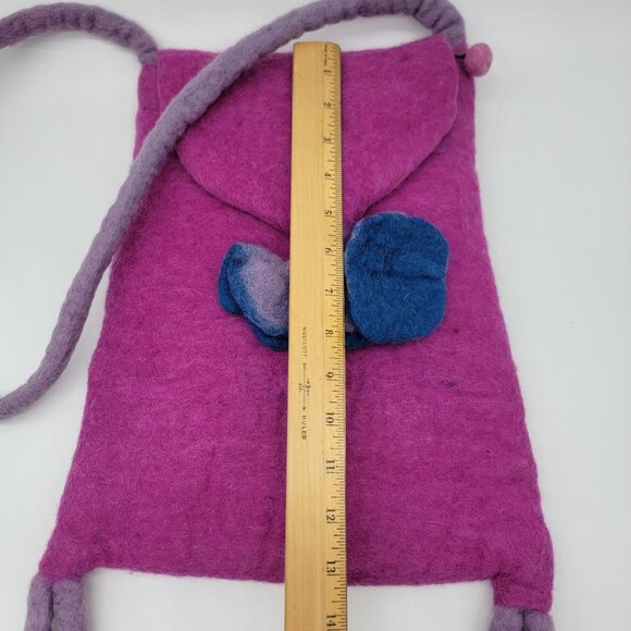 Wool Purse Handmade In Nepal 100% Wool Crossbody‎ Bag Bright Mauve W/ Flower - Picture 4 of 10